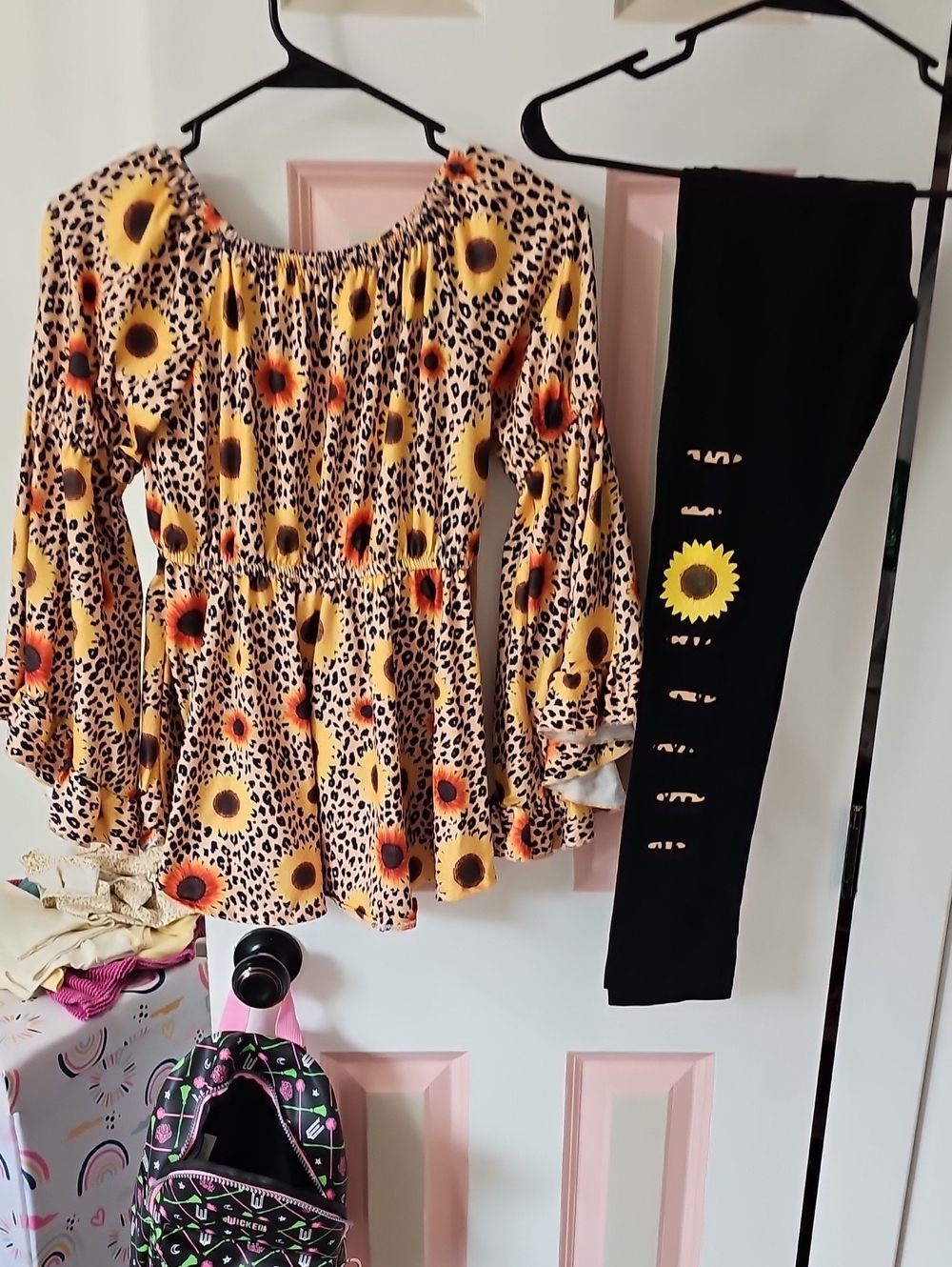 Girls Sunflower Leopard Print Peplum Top and Black Sunflower Leggings Set